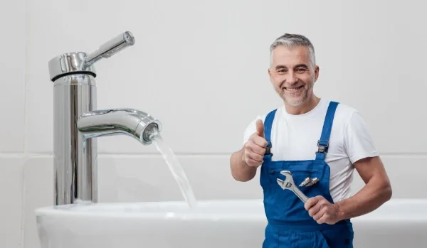Fontanero reparando las tuberías bajo el fregadero